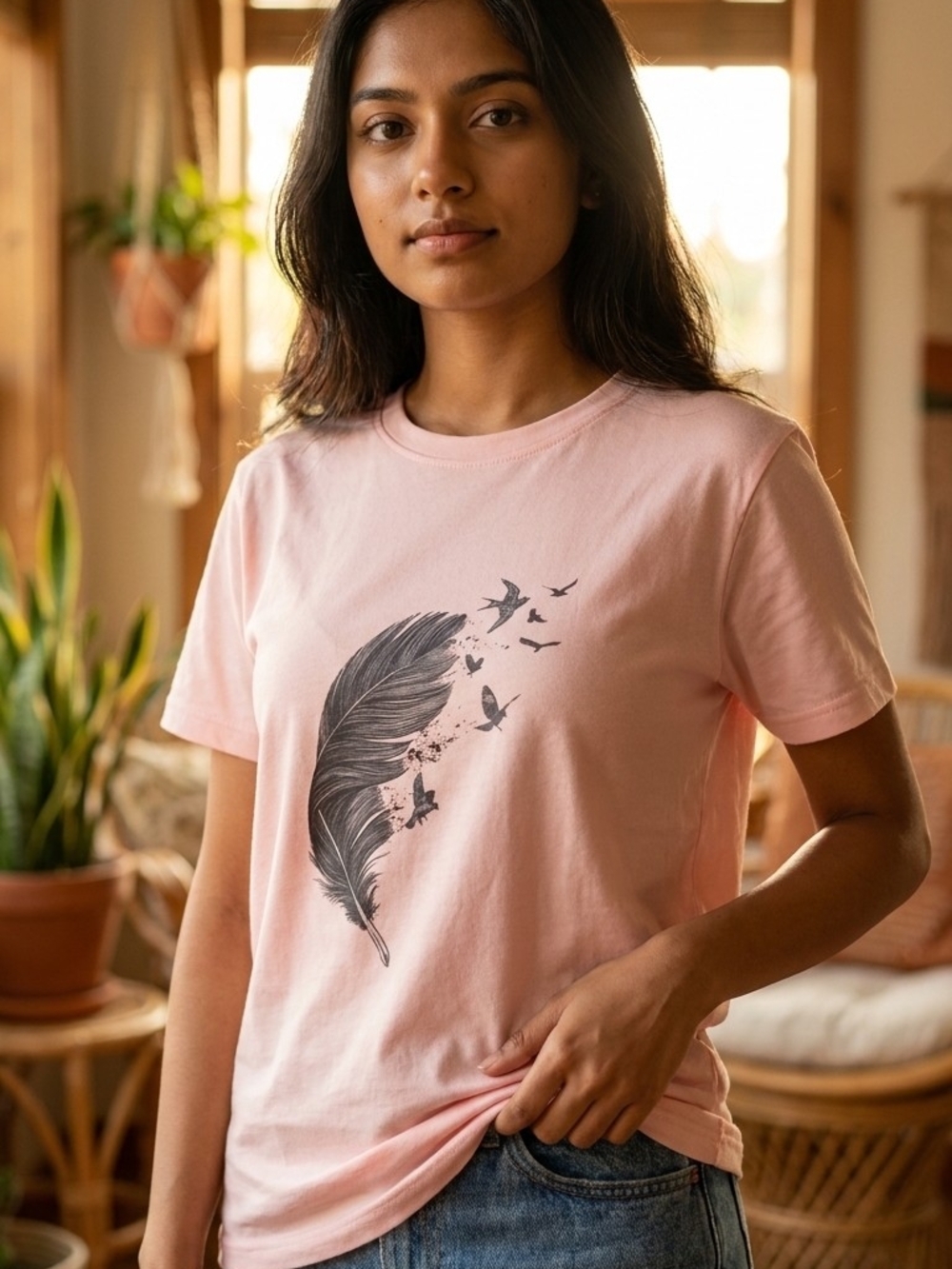 Womens' Light Pink Feather Graphic Tee Size 10